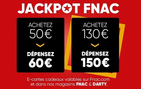 E-cartes cadeaux Fnac – Darty : payez 50€ = 60€ ou 130€ = 150€