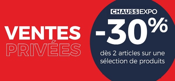 Vente privée ChaussExpo : 30% de remise dès 2 articles (femme, enfant et homme)