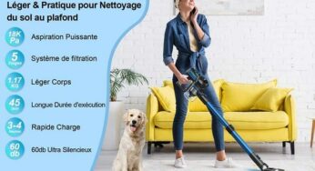 89,99€ aspirateur balai sans fil 4 en 1 sans sac 18000Pa INSE (autonomie 45 min)