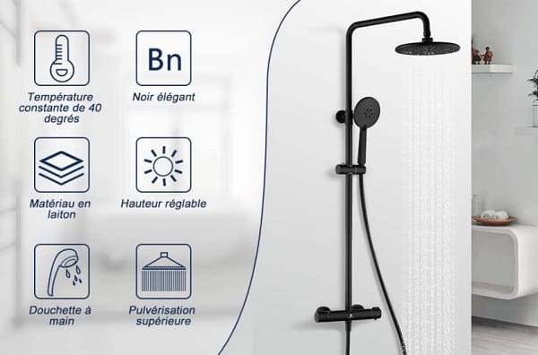 colonne de douche thermostatique noire avec hauteur réglable et douchette 3 jets homelody