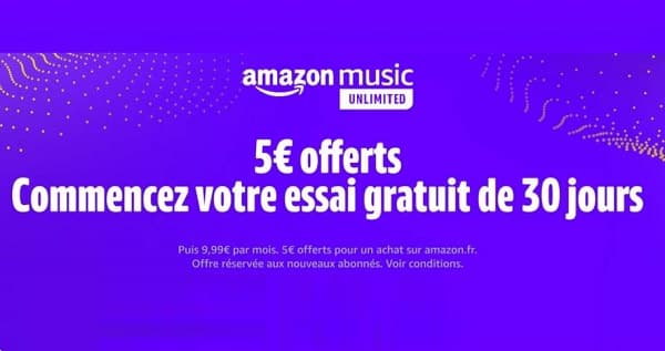 Amazon Music Unlimited : 30 jours d'essai gratuit + bon de réduction de 5€ offert