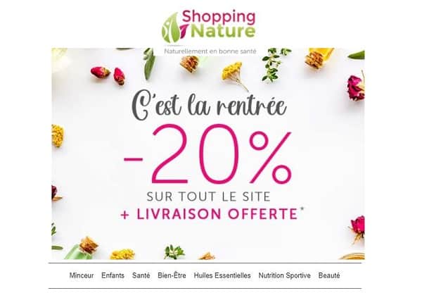 20% de remise sur Shopping Nature dès 50€ (compléments alimentaires naturels et micronutrition) + livraison gratuite