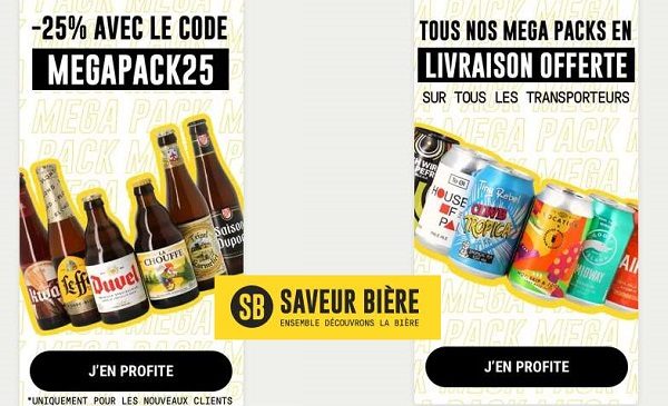 25% de remise sur tous les méga pack de 24 bières sur saveur bière