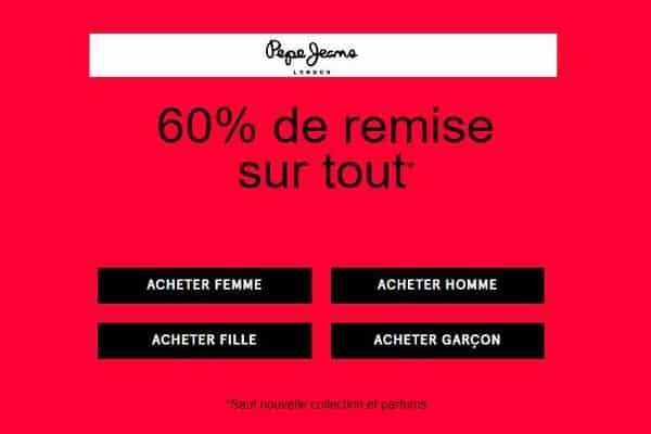 offre spéciale pepe jeans 60% de remise sur tout