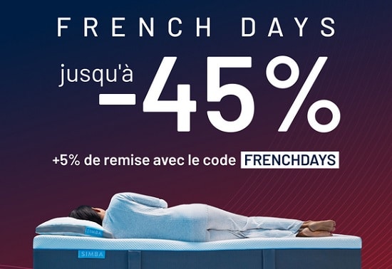 French Days Simba Sleep = 45% de remise sur tous les matelas (Hybrid, Hybrid Pro et Hybrid) + 5% suppl.