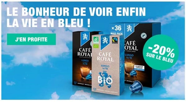 Semaine bleue Café Royal : 20 % de réduction sur tous les produits bleus (capsules compatibles Nespresso et dosettes Pro Lungo)