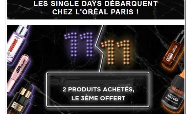 Single's Days L’Oréal = deux produits achetés= le troisième offert !