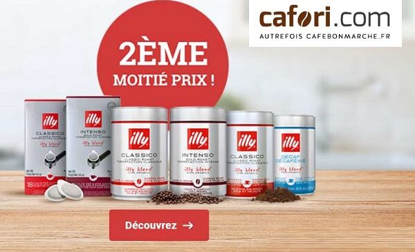 1 café illy acheté = 50% de remise sur le second même promotion sur cafori