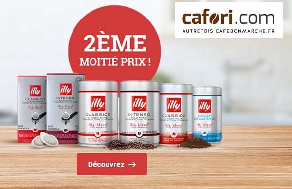 1 café Illy acheté = 50% de remise sur le second (même promotion) sur Cafori (ex: Cafebonmarche) ☕️