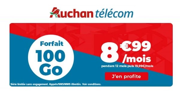 8,99€ forfait Auchan Telecom de 100Go avec les appels, SMS et MMS illimités