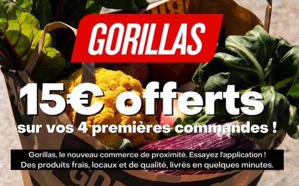 Bon d’achat Gorillas (courses livrées en 10 minutes) 1€ pour 15€ de réduction sur vos 4 premières commandes