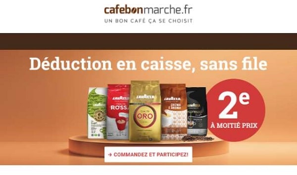 Cafebonmarche : 1 café en grain Lavazza acheté = 50% de remise sur le second