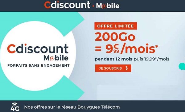 Offre flash Cdiscount Mobile : le forfait 200 Go à 9,99 €