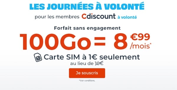 Forfait 100Go Cdiscount Mobile= 8,99€ avec appels-SMS-MMS illimités en France (sans engagement) – membres CDAV