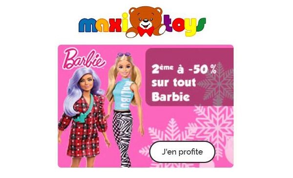 Offre Barbie - Maxitoys : 1 acheté = 50% de remise sur le second article Barbie
