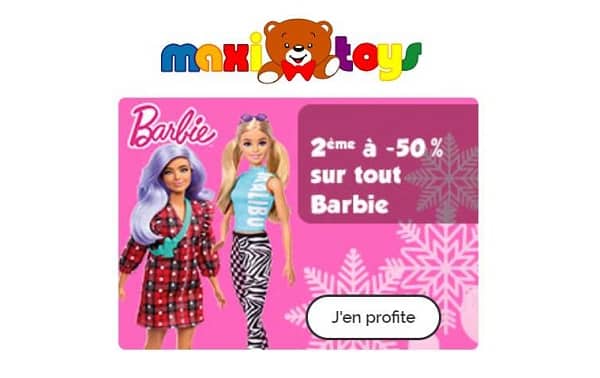 Offre Barbie - Maxitoys : 1 acheté = 50% de remise sur le second article Barbie