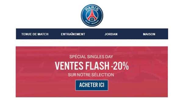 Offre PSG Store ⚽ 20% de remise sur la sélection Singles Day Offre PSG Store ⚽ 20% de remise sur la sélection Singles Day