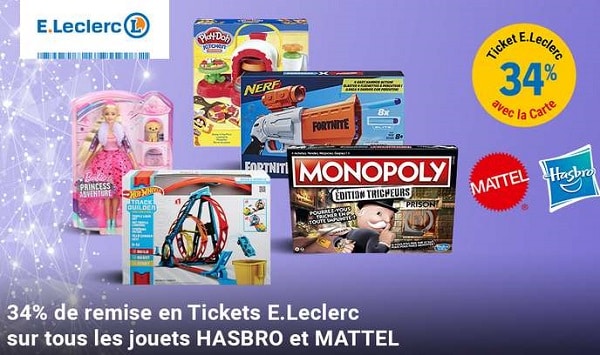 Offre E. Leclerc Black Friday jeux et jouets Hasbro & Mattel = 34% en Ticket E. Leclerc