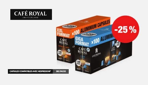 25% de remise sur pack maxi formats 36, 100 et 180 capsules compatible nespresso café royal