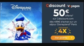 50€ offerts en bon d’achat Cdiscount si vous réservez votre séjour Disneyland Paris sur Cdiscount (dès 499€) 