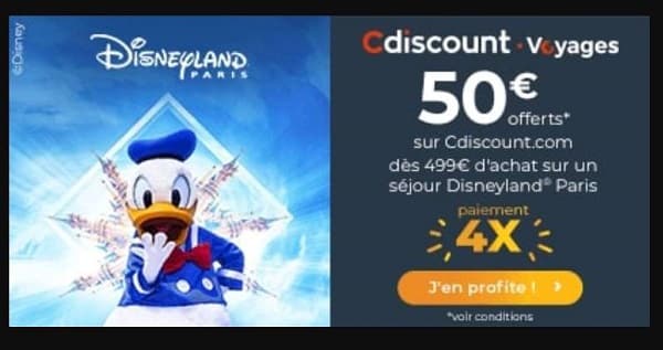 50€ offerts en bon d'achat Cdiscount si vous réservez votre séjour Disneyland Paris 