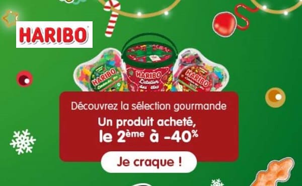 pour les fêtes de Noël 1 produit haribo acheté = le second à 40%