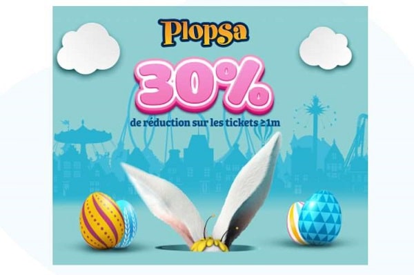 30% de remise sur le prix de l'entrée plopsaland la panne ou plopsaqua la panne