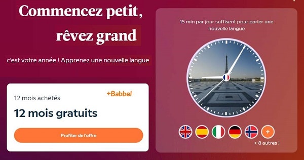 offre spéciale 12 mois d'abonnement à la méthode babbel = 12 mois gratuits