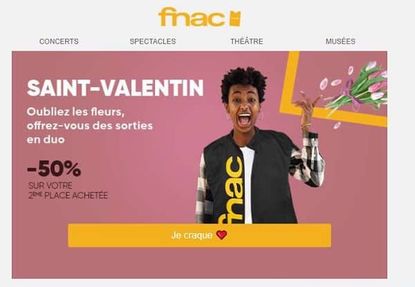 Vente flash Saint-Valentin Fnac Spectacles : 1 place achetée = 50% de remise sur la seconde