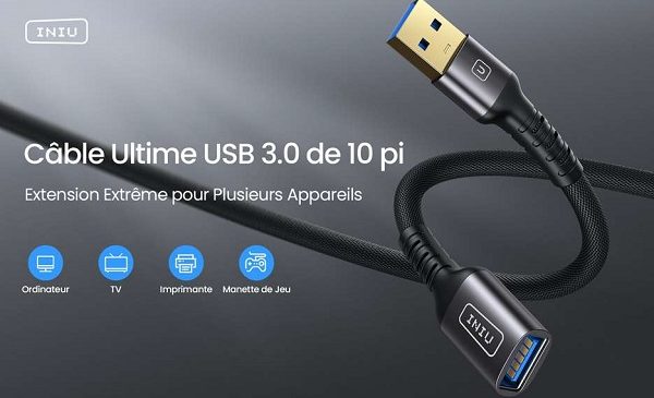 câble rallonge USB 3.0 UPower INIU de 3 mètres