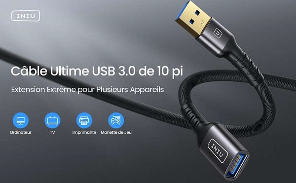 câble rallonge USB 3.0 UPower INIU de 3 mètres