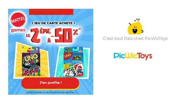 1 jeu de carte Mattel acheté = 50% de remise sur le second 1 jeu de carte mattel acheté = 50% de remise sur le second