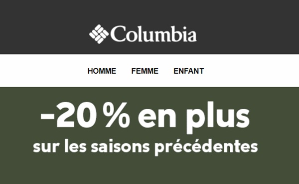 20% de remise supplémentaire sur les bonnes affaires Columbia (anciennes collections)