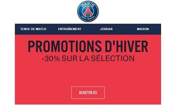 Promotion dans la boutique officielle en ligne du Paris Saint-Germain avec 30% de remise
