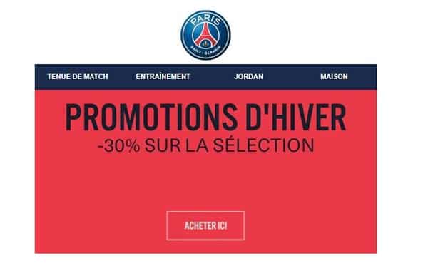 Promotion dans la boutique officielle en ligne du Paris Saint-Germain avec 30% de remise sur une sélection ⚽