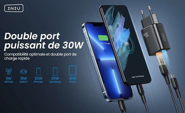 chargeur USB Power Delivery 30W (ports USB C PD & USB A QC 3.0) INIU