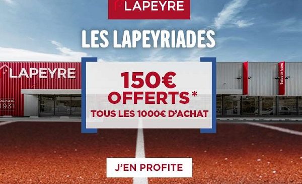 150€ de remise tous les 1000€ d’achat pour vos projets cuisine, salle de bains, menuiserie sur lapeyre