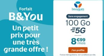 Offre B&YOU forfait 100Go en 5G : 8,99€/mois appels & SMS/MMS illimités (dont 25Go Europe/DOM)