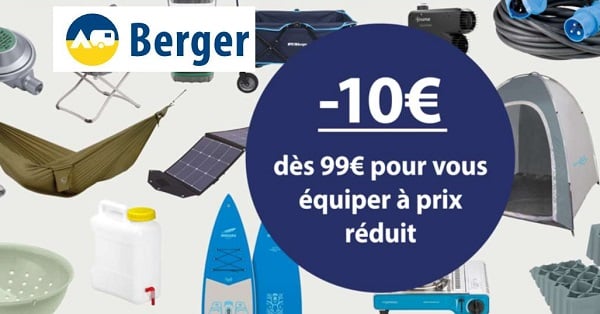 10€ de réduction dès 99€ d’achat sur berger camping