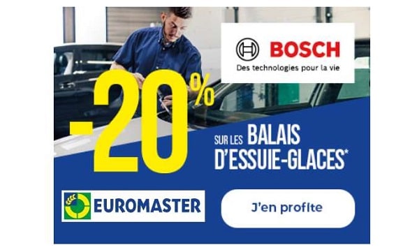 20% de remise sur les balais d’essuie-glaces BOSCH avec la pose est incluse chez Euromaster