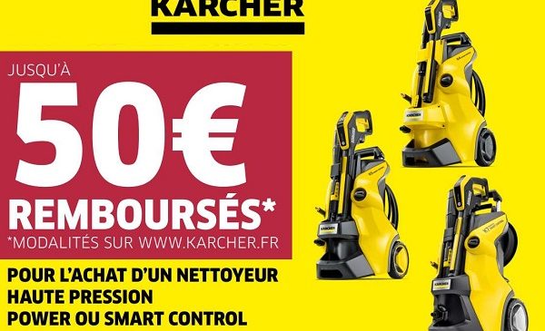 Jusqu'à 50€ remboursés pour l'achat d'un nettoyeur haute pression Karcher Power ou Smart Control