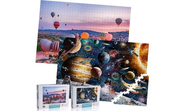 lot de 2 boites de puzzle 1000 pièces montgolfière & espace goldge