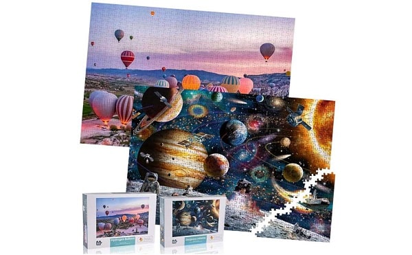 lot de 2 boites de puzzle 1000 pièces montgolfière & espace goldge