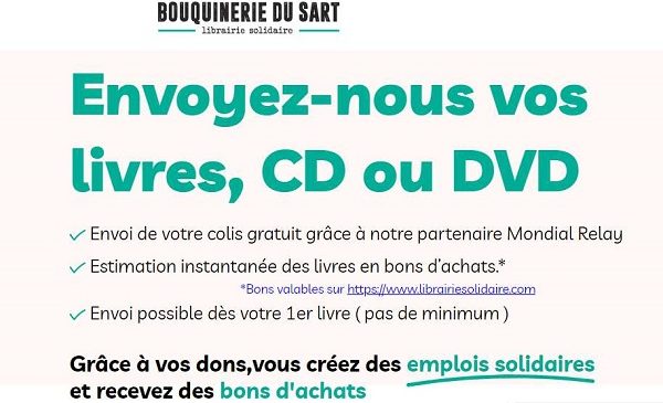 donnez vos livres a la bouquinerie du sart envoi de votre colis gratuit pour recevoir des bons dachat et creer des emplois solidaires