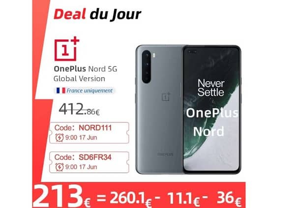 offre flash smartphone oneplus nord 5g 8go 128go à 213€
