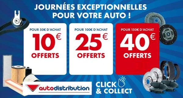 Vos pièces auto moins chères avec des remises Autodistribution de 10€ à 40€ (Click & Collect dans 350 mag)