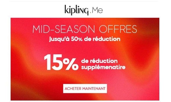 15% de remise en plus sur les promotions de mi saison kipling