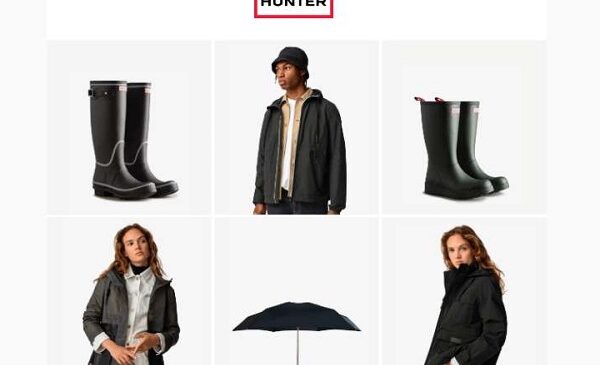 réduction sur des bottes en caoutchouc hunter, vestes imperméables ou parapluies