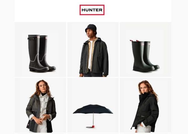 réduction sur des bottes en caoutchouc hunter, vestes imperméables ou parapluies