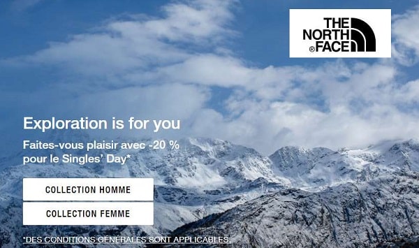 20% de réduction sur une sélection d'articles the north face pour les singles day